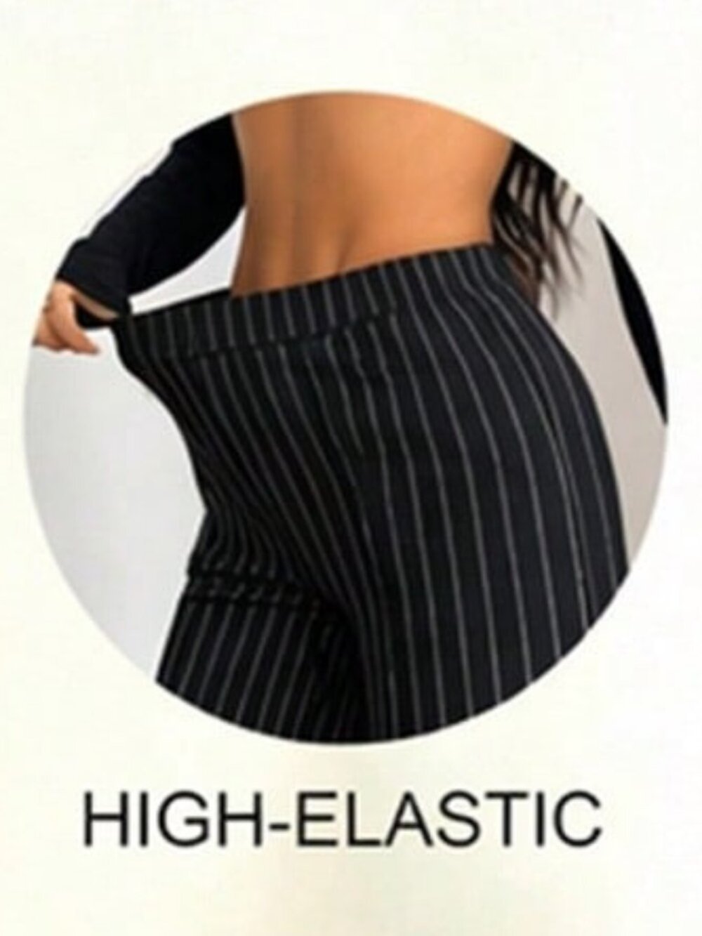 Black White Stripes Elegant Women's Elastic Wide Leg Pants - Picture 6 of 9